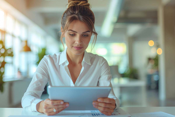 Eine professionelle Geschäftsfrau in ihren 30ern sitzt an einem modernen Schreibtisch und überprüft Finanzdokumente sowie ein digitales Tablet mit Rentendiagrammen. Der helle Home-Office-Raum ist mit Pflanzen dekoriert und strahlt durch das natürliche Tageslicht eine selbstbewusste Atmosphäre aus.